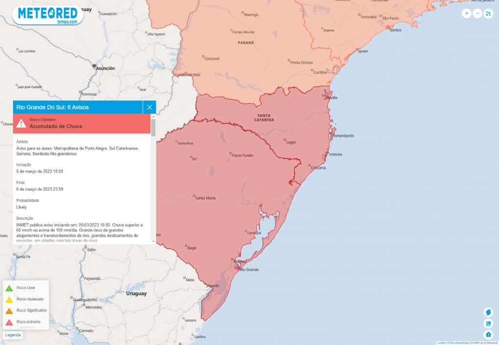 Atenção risco extremo de chuvas volumosas entre os estado de SC e do RS