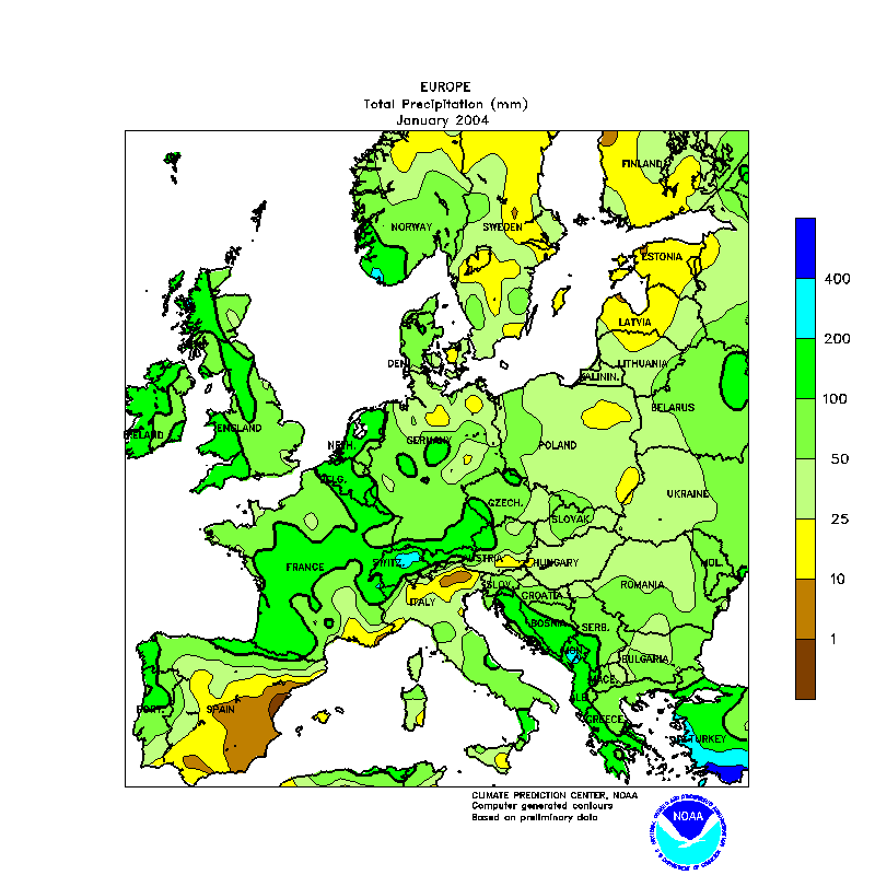Figura1.- Precipitación total en Europa durante el enero del 2004. Crédito: NOAA, NWS, CPC