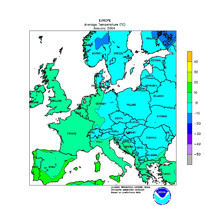 Figura3.- Temperatura media mensual del mes de enero del 2004 en Europa. Crédito: NOAA, NWS, CPC