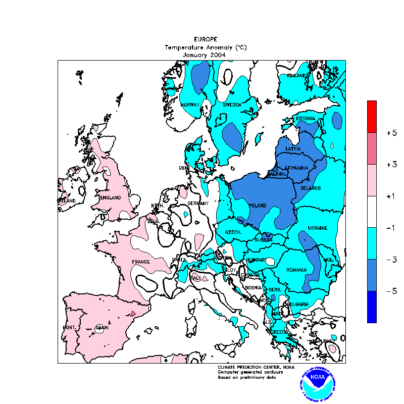 Figura4.- Anomalía térmica de enero del 2004 respecto a la media. Crédito: NOAA, NWS, CPC