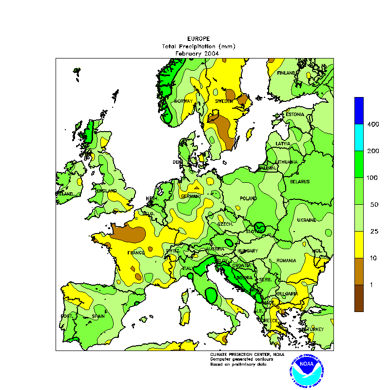 Figura1.- Precipitación total en Europa durante el febrero del 2004. Crédito: NOAA, NWS, CPC