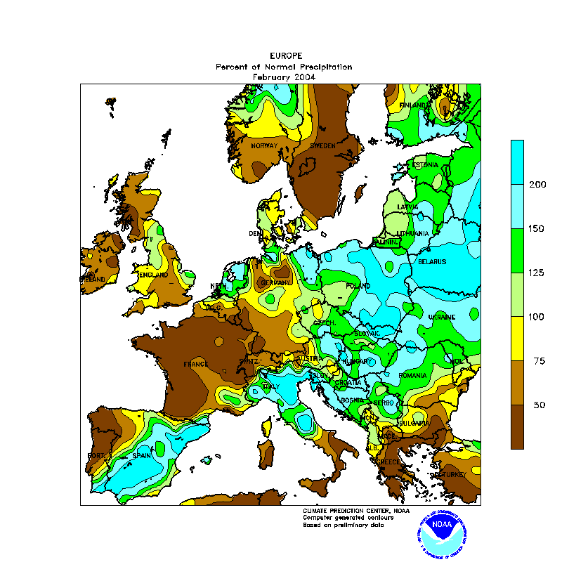 Figura 2. - Desfase pluviométrico respecto a la media de febrero del 2004 en Europa (%).Crédito: NOAA, NWS, CPC