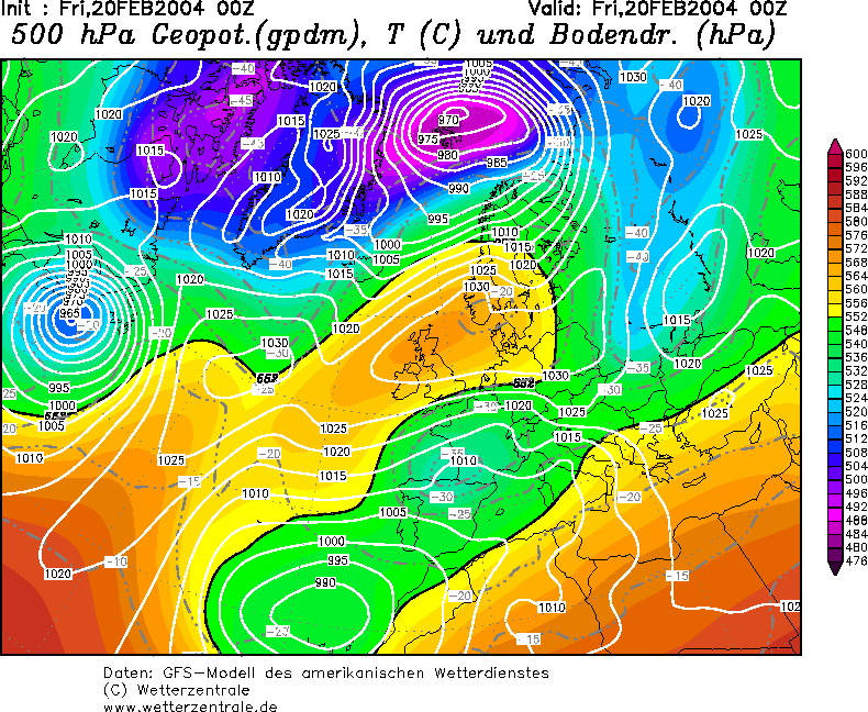 Figura 4. - Mapa sinóptico de superficie, línea continua en blanco), geopotencial de 500 hPa, línea discontinua, junto con isotermas a 500hPa, coloreada, del 20 de febrero. Retrogresión general del aire frío continental y perfecta interacción entre masa polar y tropical sobre la península Ibérica. Fuente: Reanálisis Global Forecast System americano, cortesía de wetterzentrale.