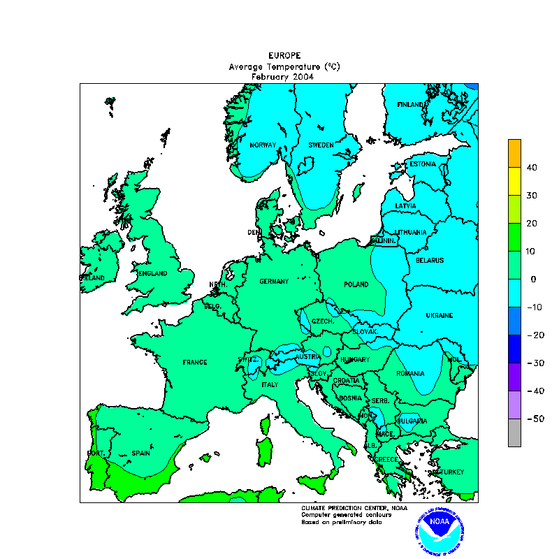 Figura5.- Temperatura media mensual del mes de febrero del 2004 en Europa. Crédito: NOAA, NWS, CPC.