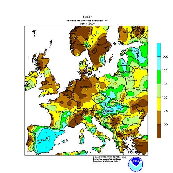 Figura 2. - Desfase pluviométrico respecto a la media de Marzo del 2004 en Europa (%).Crédito: NOAA, NWS, CPC