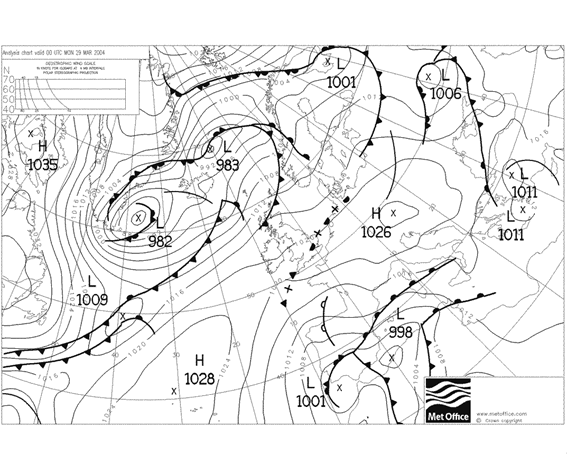 Figura 3.- Análisis isobárico de Bracknell del día 29 de marzo de 2004, en el que se observa la baja mediterránea que aportó un porcentaje considerable de las precipitaciones en la península Ibérica. Fuente: Met Office.