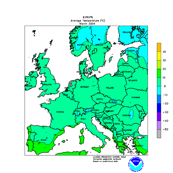 Figura 4.- Temperatura media mensual del mes de Marzo del 2004 en Europa. Crédito: NOAA, NWS, CPC.