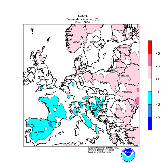 Figura 5.- Anomalía térmica de Marzo del 2004 respecto a la media. Crédito: NOAA, NWS, CPC.