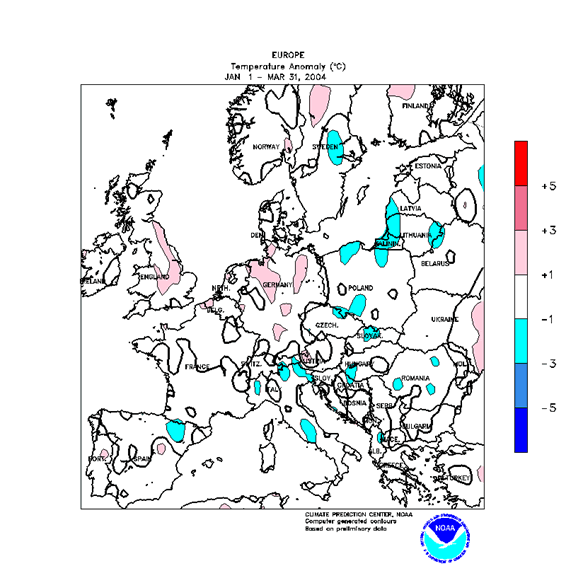 Figura 6.- Anomalía térmica trimestral (Enero, Febrero, Marzo de 2004) respecto a la media. Crédito: NOAA, NWS, CPC.