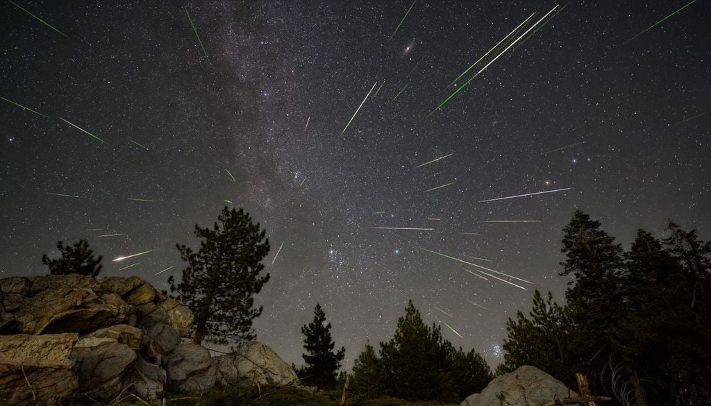 Lluvia de meteoros Perséidas de 2023 desde el Bosque Nacional Sequoia, cerca de Piute Peak. Crédito: NASA/Preston Dyches.