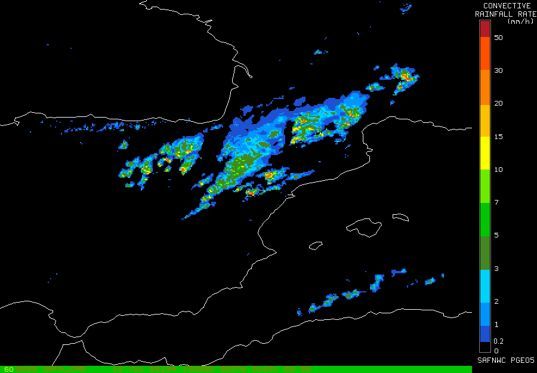 Ejemplo de producto del SAF de Nowcasting: intensidad de precipitación asociada fenómenos convectivos a partir de propiedades microfísicas de las nubes" correspondiente al 12 de julio de 2008 a las 13:00. Copyright EUMETSAT.