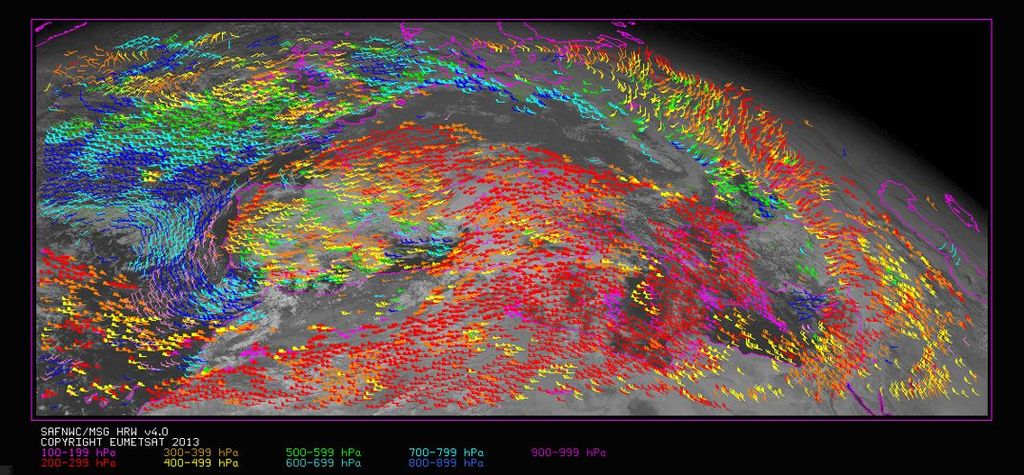 Ejemplo de producto del SAF de Nowcasting: Vientos (High Resolution Winds) correspondiente al 26 de diciembre de 2009 a las 12:00. Copyright EUMETSAT.