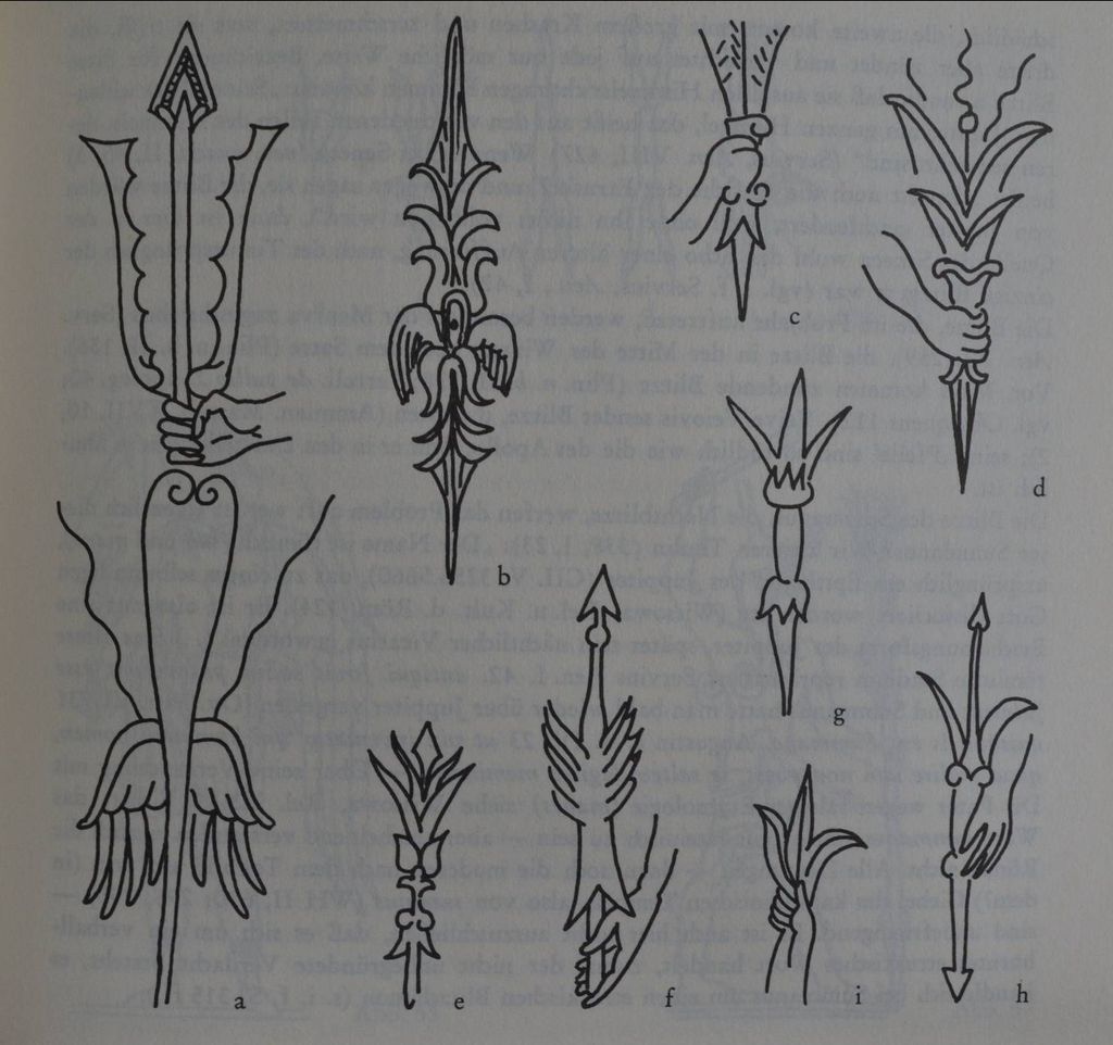 Figura 3.- Formas de los rayos etruscos según la evidencia figurada. Dibujos de A. J. Pfiffig, Die Etruskische Religion, Graz, 1975.