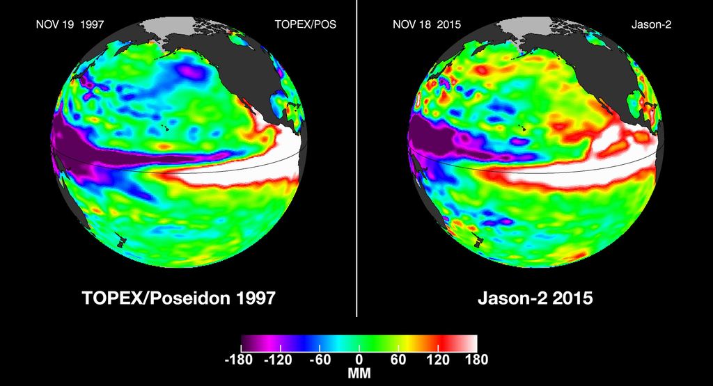 Figura 1.- Comparativa de imágenes de satélite que muestran el nivel marino en el Océano Pacífico durante el evento de El Niño de 1997-98 (izquierda) y el de 2015-16 (derecha)