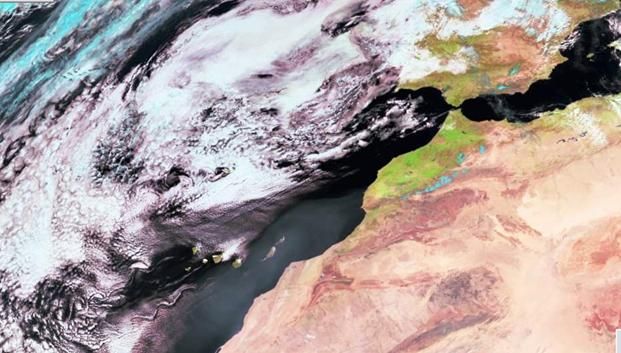 Imagen RGB (VIS0.6, VIS0.8 y NIR1.6) del 7 a las 12 UTC. Fuente, Universidad de Dundee. Copyright EUMETSAT