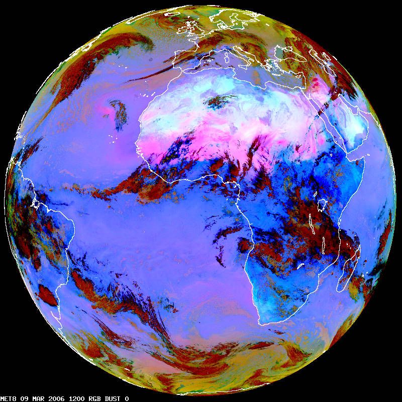 Imagen de análisis de polvo (“Dust”) del 9 a las 12 UTC generada en EUMETSAT usando una combinación de canales del MSG y técnicas RGB. Fuente y Copyright EUMETSAT