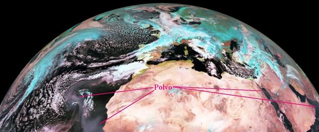 Imagen equivalente a la anterior generada por solo tres canales básicos con la técnica RGB del 9 a las 12 UTC. Fuente, Universidad de Dundee. Copyright EUMETSAT