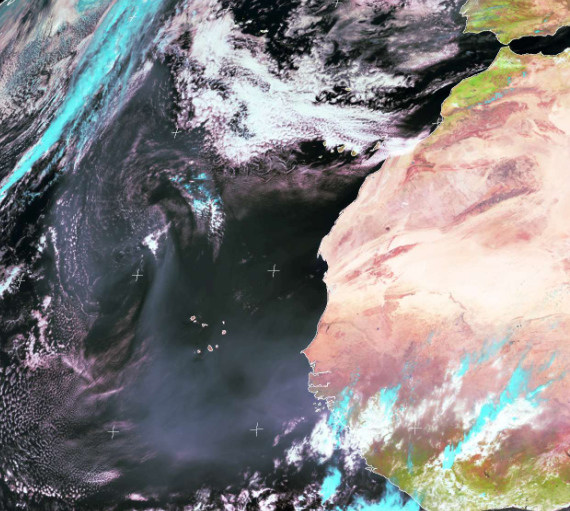 Imagen en falso color de tres canales con la técnica RGB del 10 a las 12 UTC. Fuente, Universidad de Dundee. Copyright EUMETSAT