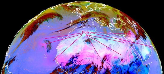 Imagen compuesta RGB de polvo (rosa y rosa tenue) generada a partir de tras canales del satélite MSG-1 para el 9 de marzo a las 12 UTC. Fuente EUMETSAT