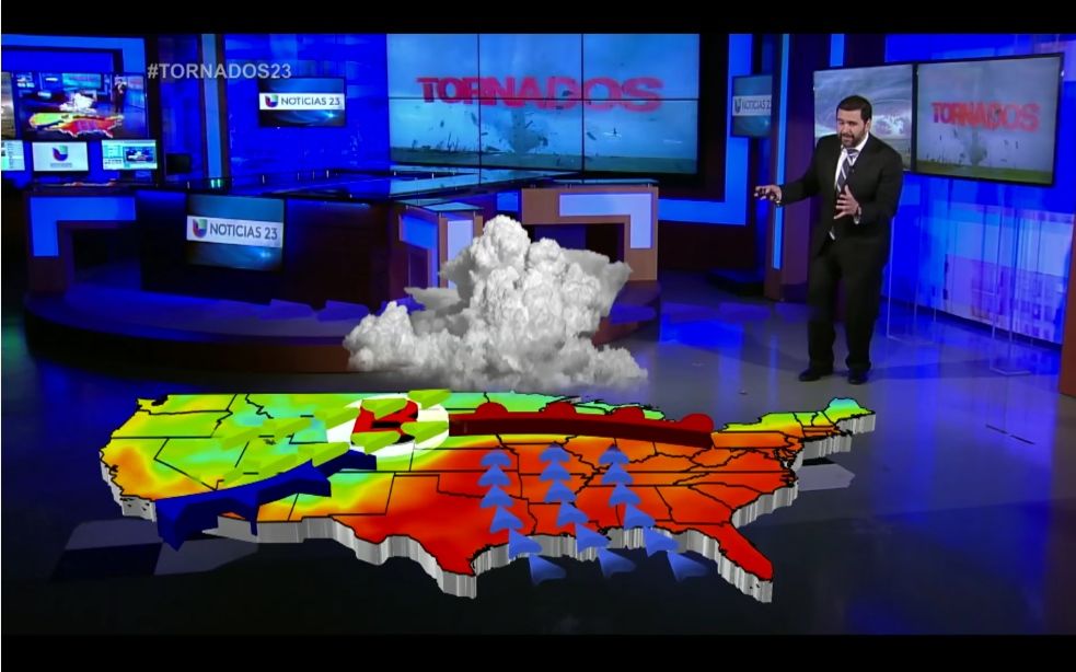 Figura 1.- Albert Martínez explicando en uno de sus espacios la formación de tornados, con ayuda de una infografía 3-D