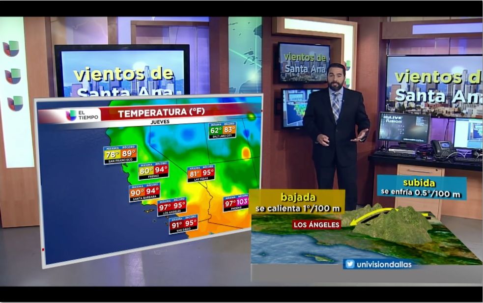 Figura 3.- Albert Martínez ofreciendo el pronóstico de temperaturas para California y explicando que el viento de Santa Ana, con efecto foehn asociado, provocará unos valores altos.