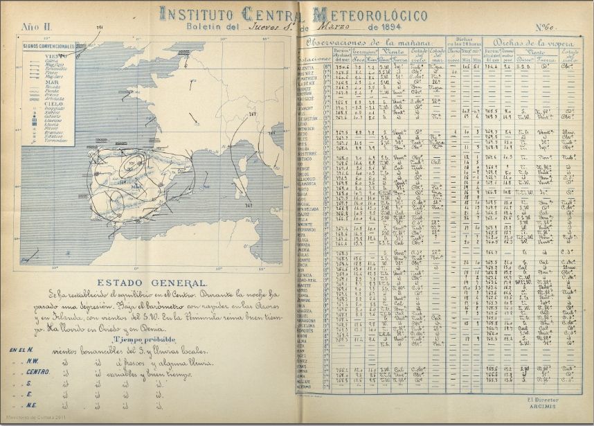 Figura 2.- Doble página del Boletín Meteorológico Diario (BMD) correspondiente al 1 de marzo de 1894. Una de las joyas de la corona bibliográficas de la actual AEMET es la colección completa de BMDs (período: 1893-2007). Todos los boletines están digitalizados y disponibles a través del repositorio Arcimís.