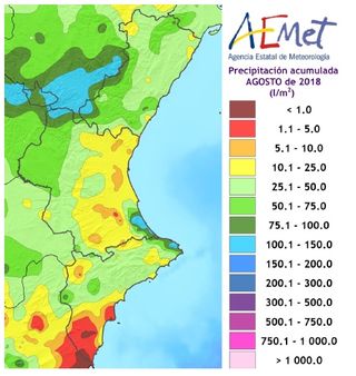 Resumen climático del mes de agosto de 2018 en la Comunidad Valenciana