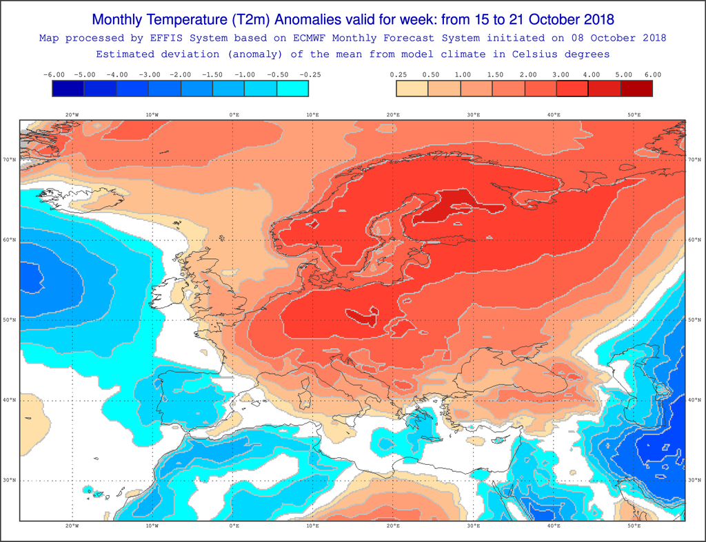 Mapas de anomalías de precipitación, arriba, y temperatura, abajo, para la semana del 15-21 octubre de 2018 respecto a los valores normales de la climatología del modelo. ECMWF- Copernicus