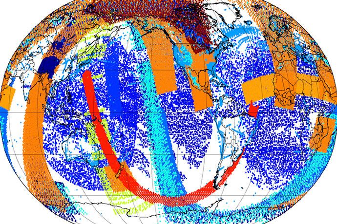 Ejemplo de observaciones adicionales asimiladas en un solo ciclo de asimilación de datos como resultado de los cambios en el Sistema de Pronóstico Integrado / Integrated Forecasting Systemdel ECMWF planeado para junio de 2019.