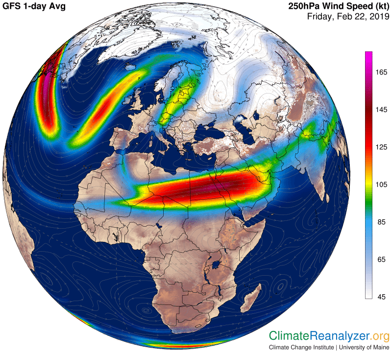 Mapa de la corriente en chorro y líneas de corriente a 250 hPa para el día 22 de febrero de 2019 con un chorro del sur intenso al oeste de Europa y otro de norte menos intenso en el este del viejo continente. Climate Reanalyzer.