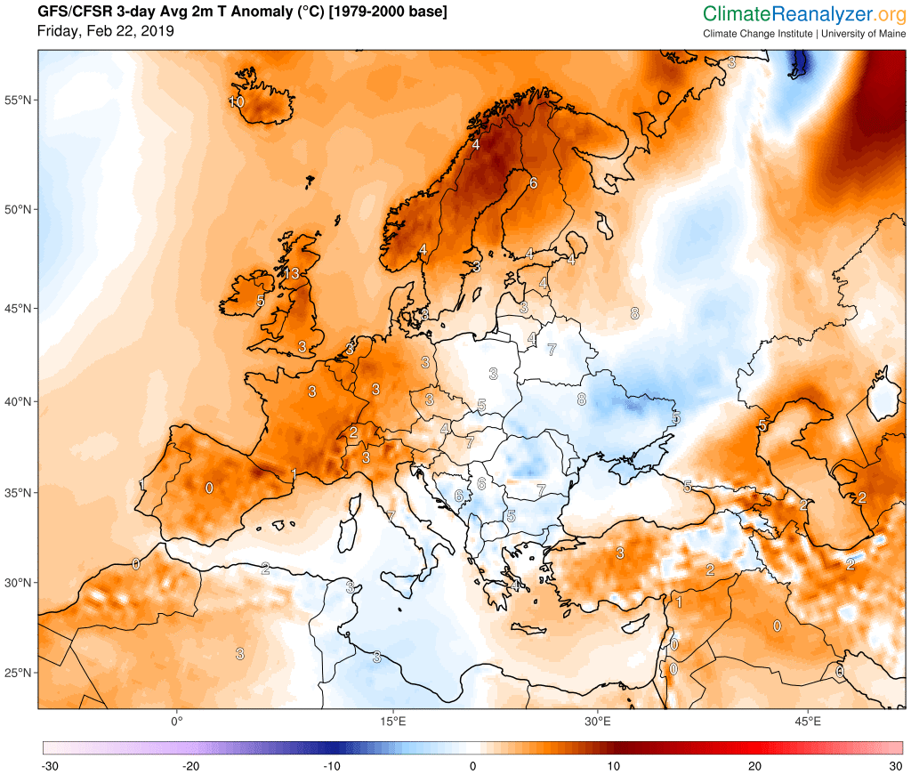 Mapa medio a tres días, 22- 24 febrero de 2019, vista por el modelo GFS de las anomalías de temperatura a 2 m: cálidas/frías en escalas de naranja/azul. Climate Reanalizer.com