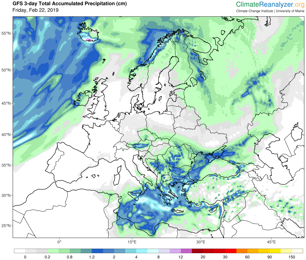 Precipitación acumulada en tres días, 22- 24 febrero de 2019, vista por el modelo GFS. Climate Reanalizer.com