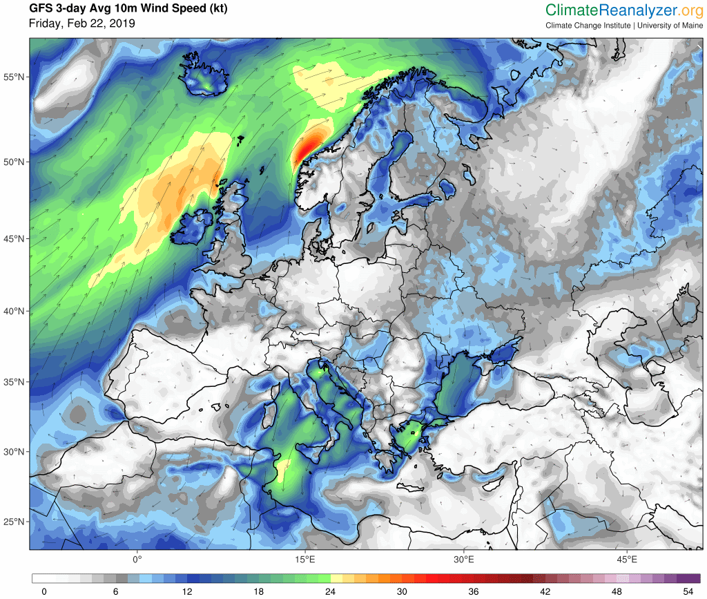 Mapa medio a tres días, 22- 24 febrero de 2019, vista por el modelo GFS del viento en superficie en nudos. Climate Reanalizer.com