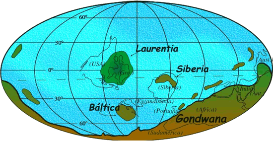 Figura 2. La Tierra en el período Cámbrico, hace unos 500 millones de años. Aparecen en los mares los primeros animales grandes (la "explosión cámbrica"). Las tierras emergidas se sitúan casi todas en el hemisferio sur. Un continente domina en extensión a todos los demás: Gondwana, que reúne tierras de Sudamérica, África, Arabia, India, Antártida y Australia