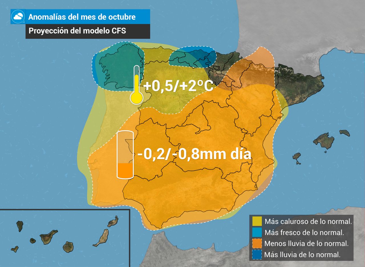 Proyecciones del modelo CFS de la NOAA. Octubre podría ser más caluroso de lo habitual y seco en la mayor parte de la Península.