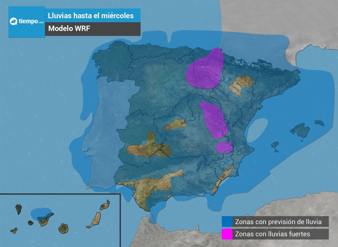 Acumulado de precipitación previsto por el modelo WRF hasta las 00H del miércoles.
