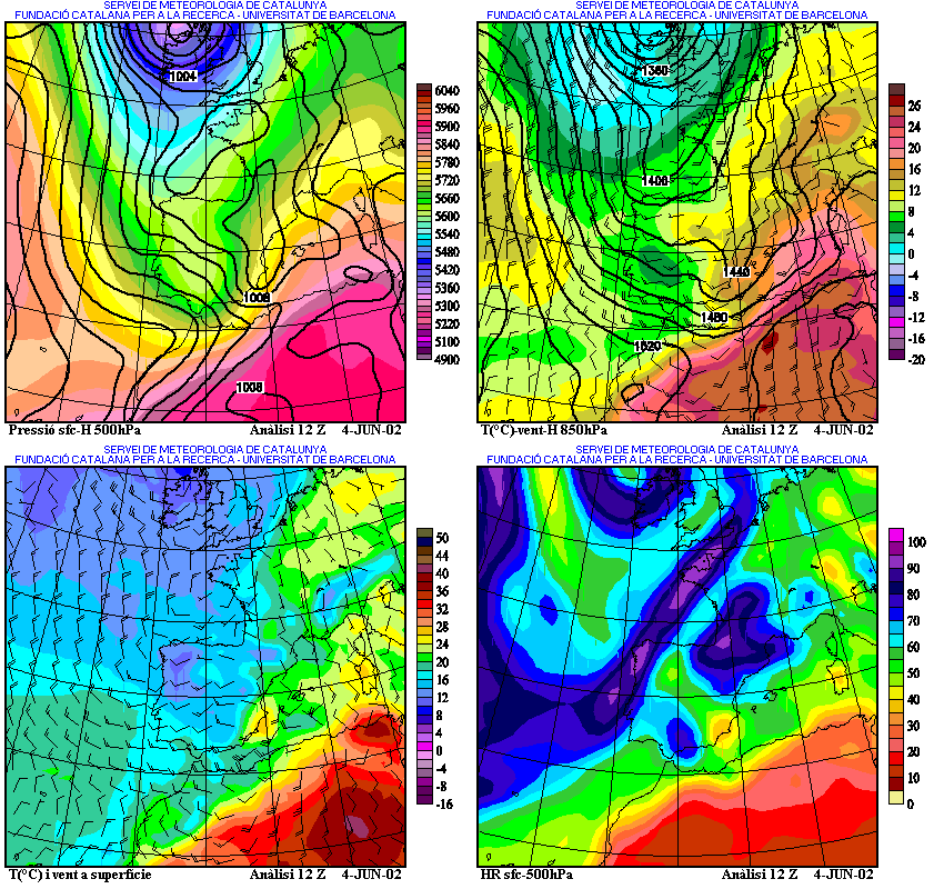 Mapas de altura (500 hPa), niveles bajos (850 hPa) y superficie del día 4 de junio del 2002 a las 12 UTC Mapas de altura (500 hPa), niveles bajos (850 hPa) y superficie del día 4 de junio del 2002 a las 12 UTC