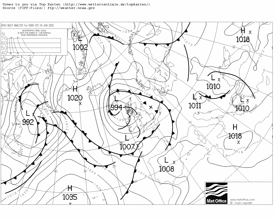 Mapa de superficie y frentes de la Met Office a las 00 UTC del 4 de junio del 2002 Mapa de superficie y frentes de la Met Office a las 00 UTC del 4 de junio del 2002