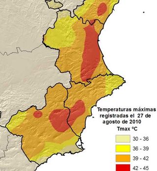 Efemérides de temperaturas máximas del 27 de agosto de 2010 en España