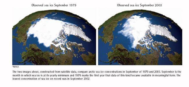 Variación del manto nivoso observado en las regiones árticas para el mes de septiembre de 1979 y 2003 según datos de satélite. Imagen NASA