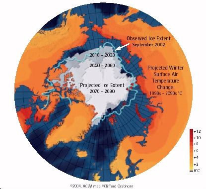La reducción de la cobertura de hielo ártica es predicha por todos modelos empleados en este proyecto. Algunos escenarios prevén la desaparición casi completa de la capa ártica en verano para finales del siglo XXI. En la figura aparecen las extensiones de hielo para diferentes periodos tomando como referencia la cobertura observada en septiembre de 2002. Imagen tomada del portal del ACIA.