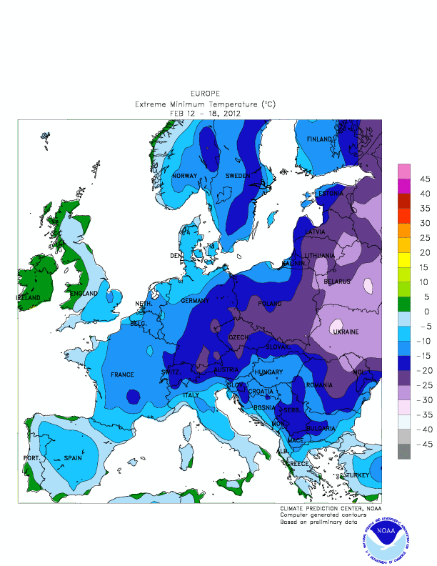 Figura 1.- Distribución geográfica de temperaturas mínimas preliminares para el periodo del 12-18 de febrero de 2012. Fuente: NOAA.