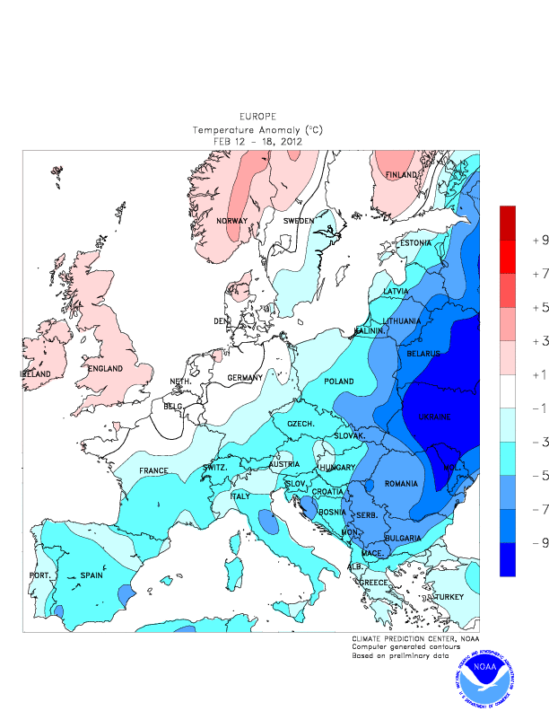 Figura 2. Distribución geográfica de las anomalías térmicas para el periodo del 12-18 de febrero de 2012. Fuente: NOAA.