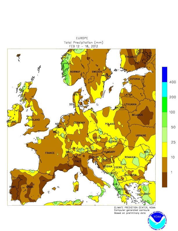 Figura 3.- Distribución geográfica de la precipitación en Europa para el periodo del 12-18 de febrero de 2012 Los colores marrones y amarillos, relacionados con la escasa precipitación dominan la región. Fuente: NOAA.