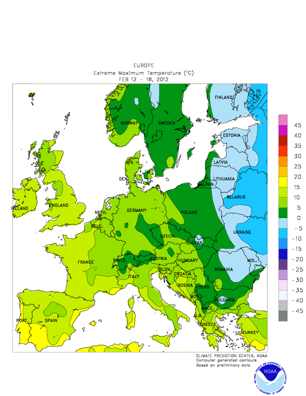 Figura 4. Distribución geográfica de las temperaturas máximas para el periodo del 12-18 de febrero de 2012. Fuente: NOAA.
