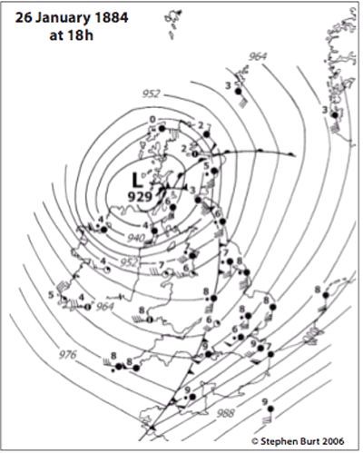Figura 6. El mapa de superficie de la borrasca que dio la lectura más baja de presión en superficie en el Reino Unido 925.6 mb en Ochtertyre, Escocia, el 26 de enero de 1884. Cortesía de Stephen Burt. Figura 6. El mapa de superficie de la borrasca que dio la lectura más baja de presión en superficie en el Reino Unido 925.6 mb en Ochtertyre, Escocia, el 26 de enero de 1884. Cortesía de Stephen Burt.