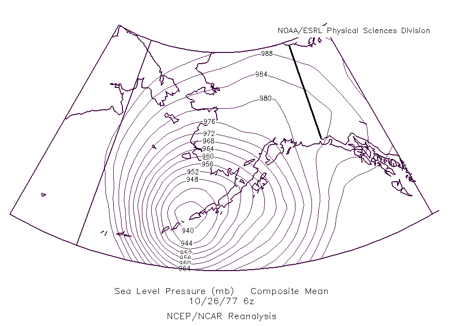 Figura 9. Análisis de presión media para el 26 de octubre de 1977, después de registrarse la presión más baja en Alaska. Figura 9. Análisis de presión media para el 26 de octubre de 1977, después de registrarse la presión más baja en Alaska.