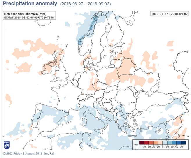 Mapas de anomalías térmicas y de precipitación para las tres semanas señaladas en las cabeceras de los mapas. Modelo del ECMWF. SM de Hungría