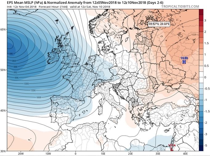 Foto 2: Mapas de geopotencial media y presión y anomalías en superficie del modelo ENS ECMWF a 5 días: 5-10 de noviembre 2018. Foto 2: Mapas de geopotencial media y presión y anomalías en superficie del modelo ENS ECMWF a 5 días: 5-10 de noviembre 2018.