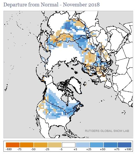 Foto 2: Anomalías de la capa de nieve del 1 al 30 de noviembre de 2018 para el Hemisferio Norte y Norteamérica Foto 2: Anomalías de la capa de nieve del 1 al 30 de noviembre de 2018 para el Hemisferio Norte y Norteamérica